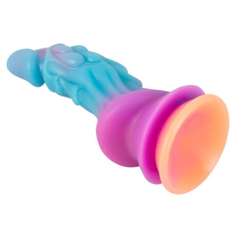 5003377x3jpg Colorful silicone anal plug with a blue shaft and orange flared base, tapered tip for insertion.
