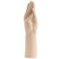 Beige prosthetic/model hand with fingers pressed together, raised upright as a display prop