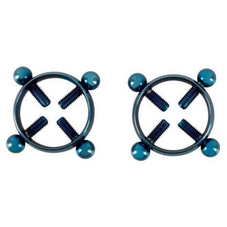 Pair of blue circular barbells (ear gauges) with four screws arranged in an X inside each ring, on white background.