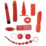 Set of red sex toys laid out on a white background, including vibrators, plugs, rings, beads, and a chastity-style device.