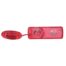 Red wired vibrator with a handheld battery pack, the control unit on the right and a small bullet vibrator on the left.