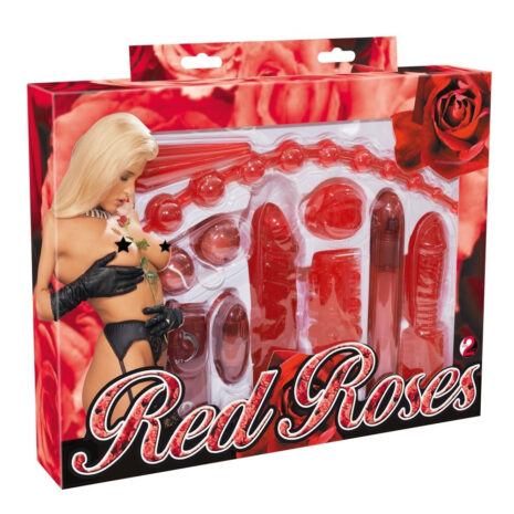 560936x4jpg Boxed adult toy set titled 'Red Roses' with red accessories visible through a clear window; cover shows a blonde woman in black lingerie and gloves, conveying a provocative aesthetic.