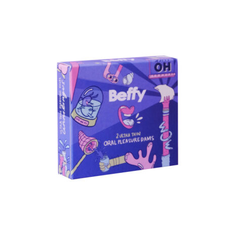 7000393x2jpg Purple Beffy brand box labeled '2 Ultra Thin Oral Pleasure Dams' with cartoon illustrations and a pink wand-like graphic, packaging for a sexual wellness product.