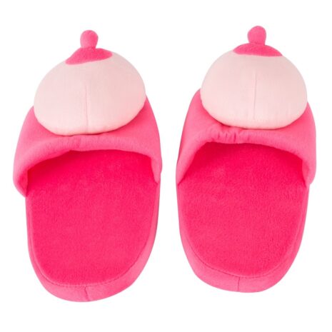 779830x2jpg Pink plush slippers for kids featuring a round light-pink chick head on the toe area, with bright pink soles and flap.
