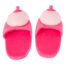 Pink plush slippers for kids featuring a round light-pink chick head on the toe area, with bright pink soles and flap.