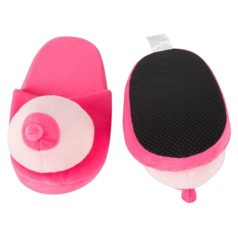 779830x3jpg Pink plush snail-themed slippers for kids, pair shown with soft uppers and non-slip black sole on the right.