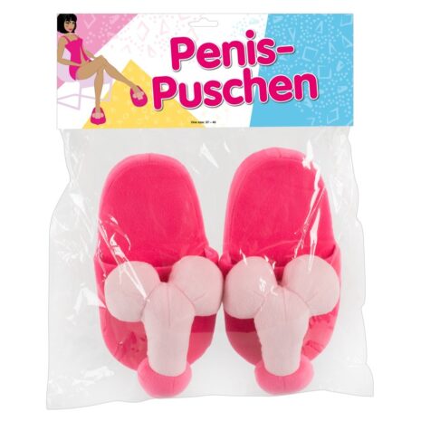 779849x4jpg Pair of bright pink fuzzy slippers with cartoonish toe decorations in clear packaging (novelty item labeled 'Penis-Puschen').