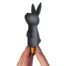 Grey bunny-shaped sex toy being held between two fingers, showing its compact size and metallic base