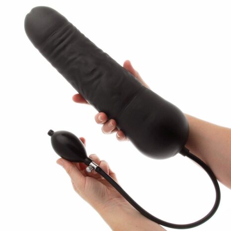 AB524x2jpg Black silicone dildo with a wired remote being held by hands against a white background, showcasing the product’s size and corded control.