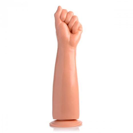 Prosthetic forearm with a clenched fist raised, set against a white background.