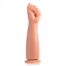 Prosthetic forearm with a clenched fist raised, set against a white background.