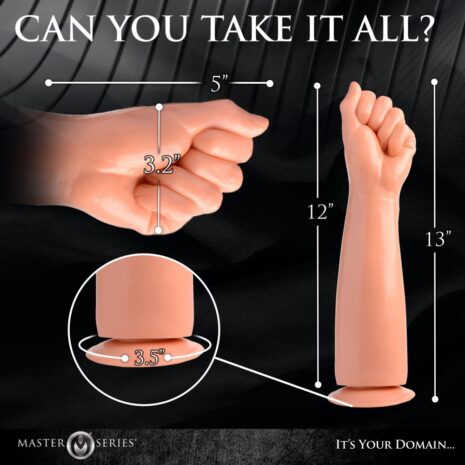 AF833x2jpg Infographic for a Master Series sex toy showing a realistic dildo with scale markers (12" shaft, 13" total height) and a hand for size comparison.