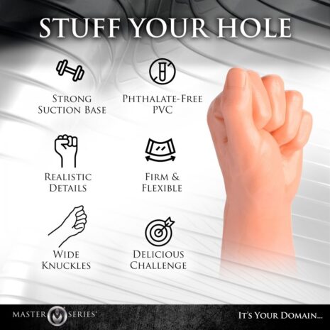 AF833x3jpg Advertisement for a male masturbation sleeve highlighting features: strong suction base, phthalate-free PVC, realistic details, firm & flexible, wide knuckles, delicious challenge.