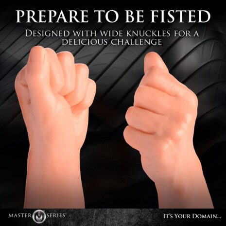 AF833x4jpg Two fists raised in front of a dark textured background, with bold text above reading 'Prepare to be fisted' and subheading 'Designed with wide knuckles for a delicious challenge', plus a Master Series branding strip at the bottom.