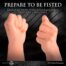 Two fists raised in front of a dark textured background, with bold text above reading 'Prepare to be fisted' and subheading 'Designed with wide knuckles for a delicious challenge', plus a Master Series branding strip at the bottom.