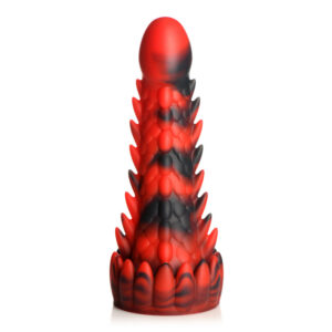 Red and black textured silicone dildo with a spiky, scale-like surface and rounded base used as a sex toy outer shell style design