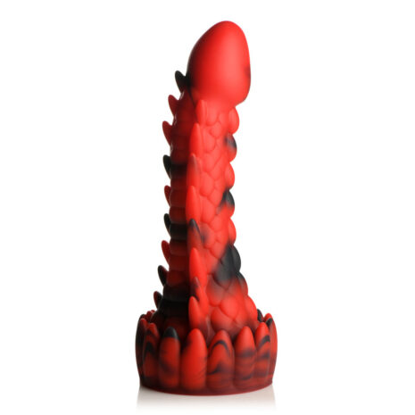 AH267x3jpg Red and black ribbed silicone dildo with a flared, petal-shaped base, standing upright.