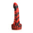 Red and black marbled dildo with ribbed texture standing upright on a white background, a sex toy for adults
