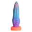 Rainbow gradient silicone dildo with circular ridges along the shaft and an orange suction/base.