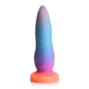 Rainbow gradient silicone dildo with a pink-to-blue gradient and an orange base, textured surface.