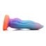 Rainbow gradient silicone tentacle-shaped sex toy with a suction base on a white background.