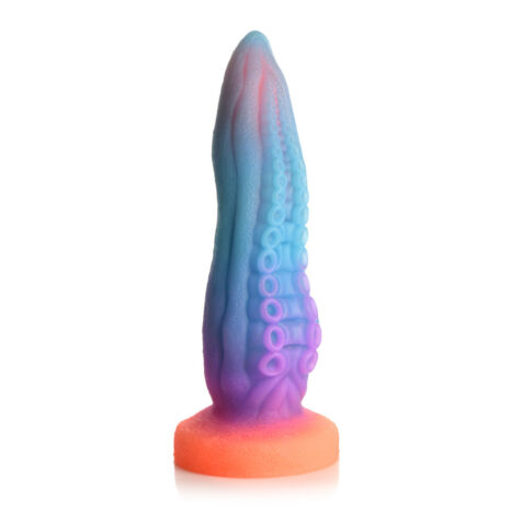 AH289x4jpg Rainbow-colored silicone dildo with tentacle texture and orange suction base.
