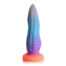Rainbow-colored silicone dildo with tentacle texture and orange suction base.