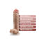 Flesh-colored dildo with a flared base beside six pink feature banners listing: soft realistic feel, strong suction base, harness compatible, lab tested safety, fragrance/paraffin free, and latex/phthalate free.