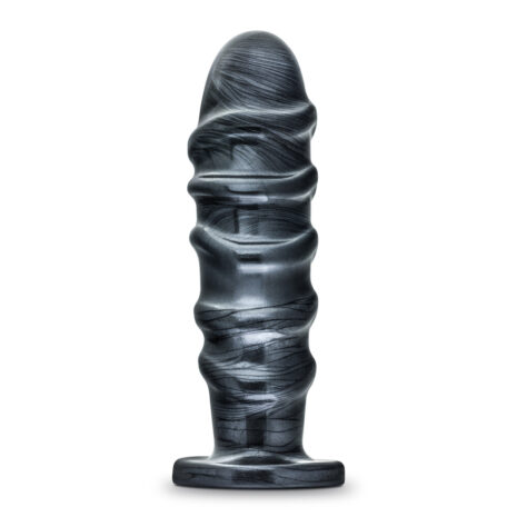 BL-15855x1jpg Dark gray silicone dildo with ridged shaft standing upright on a base, isolated on white.