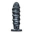 Dark gray silicone dildo with ridged shaft standing upright on a base, isolated on white.