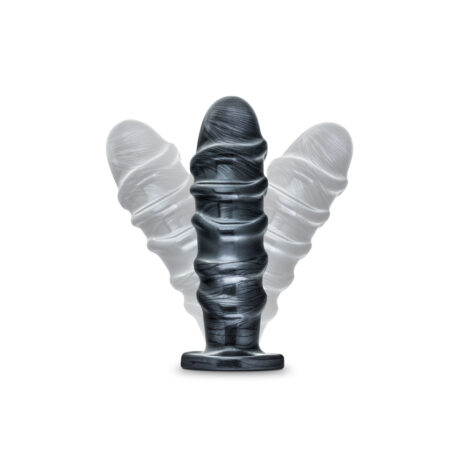 BL-15855x2jpg Black dildo standing upright with a white wing-shaped glow behind it, highlighting its textured shaft for product display