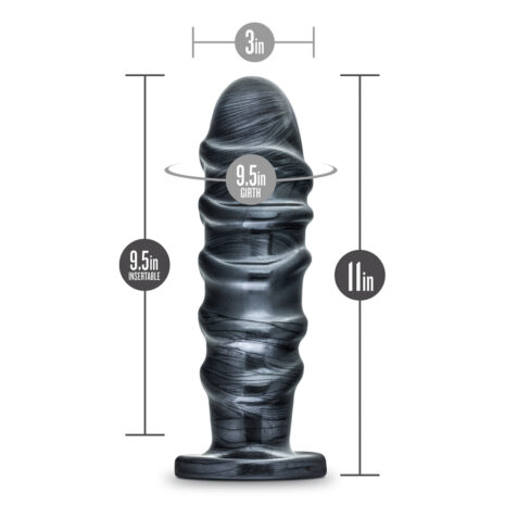 BL-15855x3jpg Purple-gray dildo with measurement labels: 11in length, 9.5in insertable, and 3in girth at the widest point, shown with ring measurements for scale.