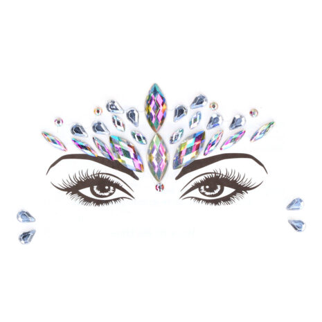 BLS009OPALx1jpg Decorative crystal rhinestones arranged in a crown shape above stylized black-eyed drawing with bold lashes and brows, forming a jeweled headdress.