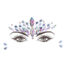 Decorative crystal rhinestones arranged in a crown shape above stylized black-eyed drawing with bold lashes and brows, forming a jeweled headdress.