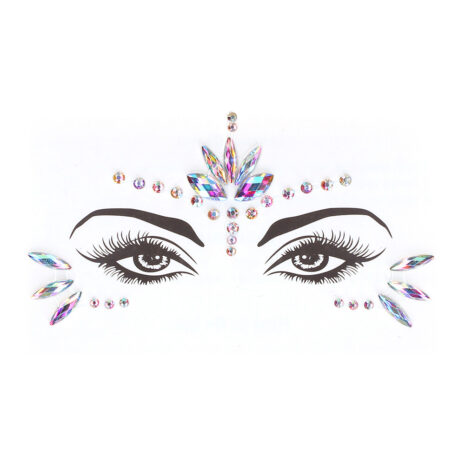 Decorative rhinestone face gems arranged around closed-eye illustration, like a festival makeup design