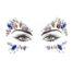 Decorative rhinestone makeup around illustrated eyes, creating a jeweled, festival-style look.
