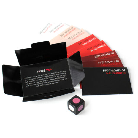 CC50NNx2jpg Open black packaging for an adult novelty product labeled 'Three Way', plus red 'Fifty Nights of Naughtiness' cards and a pink-dotted die on a white background.
