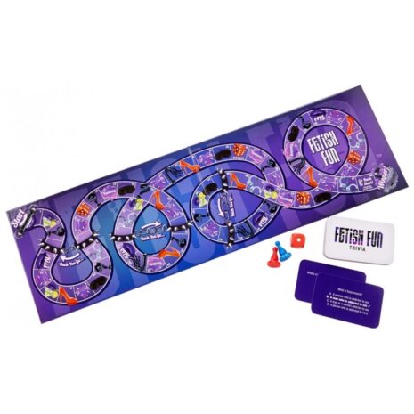 CCFFx2jpg Fatish Fun Trivia board game laid out on a purple surface with multiple circular tracks, red and blue playing pieces, a card deck, and dice/spinners nearby.