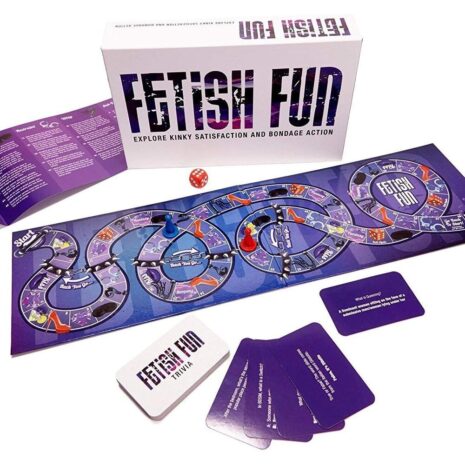 CCFFx3jpg Box and components for 'Fetish Fun' board game: purple circular-tracks board, dice, and purple/white cards laid out on a white background.