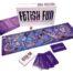 Box and components for 'Fetish Fun' board game: purple circular-tracks board, dice, and purple/white cards laid out on a white background.
