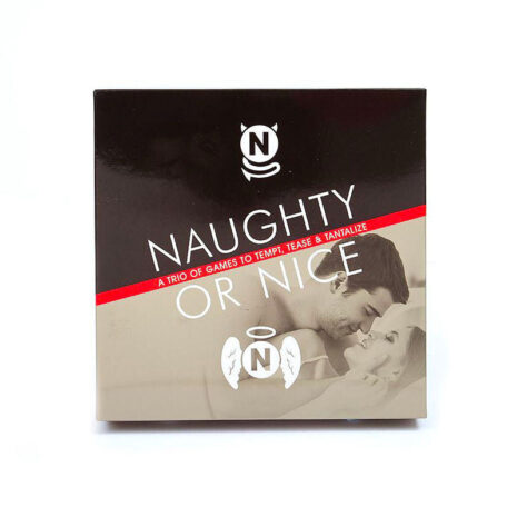 CCNONx1jpg Box for the game Naughty or Nice featuring a couple kissing, with a red diagonal stripe, halo/wings logo, and the title NAUGHTY OR NICE.