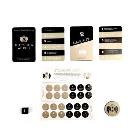 CCNONx2jpg Naughty or Nice date nights game components: instruction cards, six step cards, a central rule sheet, circular tokens, a 1-die, and a round logo piece.