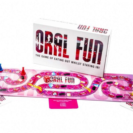 CCOFx2jpg Boxed adult party game called 'Oral Fun' with a winding pink game track laid out around the box and a red die on the board.
