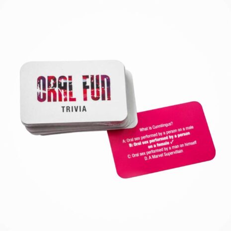 CCOFx3jpg Stack of trivia cards: white card reads 'ORNL FUN' with 'TRIVIA'; a pink card with multiple-choice questions about cunnilingus peeks out behind.