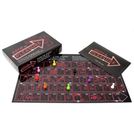 CCP2Px1jpg Path to Pleasure board game set up with a pink-outlined grid board and colorful game pieces on numbered squares.