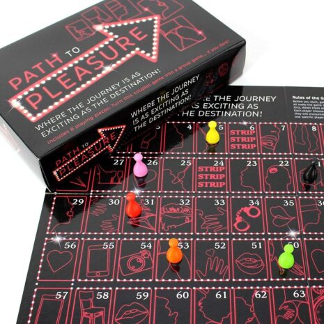 CCP2Px2jpg Black game box titled Path to Pleasure with a dotted neon arrow; open game board shows a numbered grid of squares and colorful pawns (pink, orange, yellow, green, purple, black) placed on various spaces.
