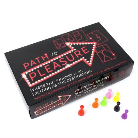 CCP2Px4jpg Box for the board game Path to Pleasure with a neon-arrow logo and scattered colorful game pieces beside it on a white background but angled.