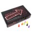 Box for the board game Path to Pleasure with a neon-arrow logo and scattered colorful game pieces beside it on a white background but angled.