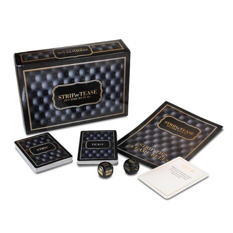 Boxed party game called Strip Tease with playing cards, dice, and a rule sheet laid out on a white background.