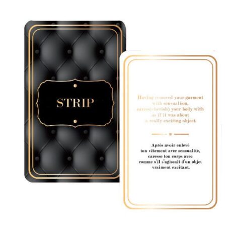 CCSTRIPx2jpg Luxurious black tufted card with gold trim labeled 'STRIP' and a white, gold-bordered information card overlapping it.